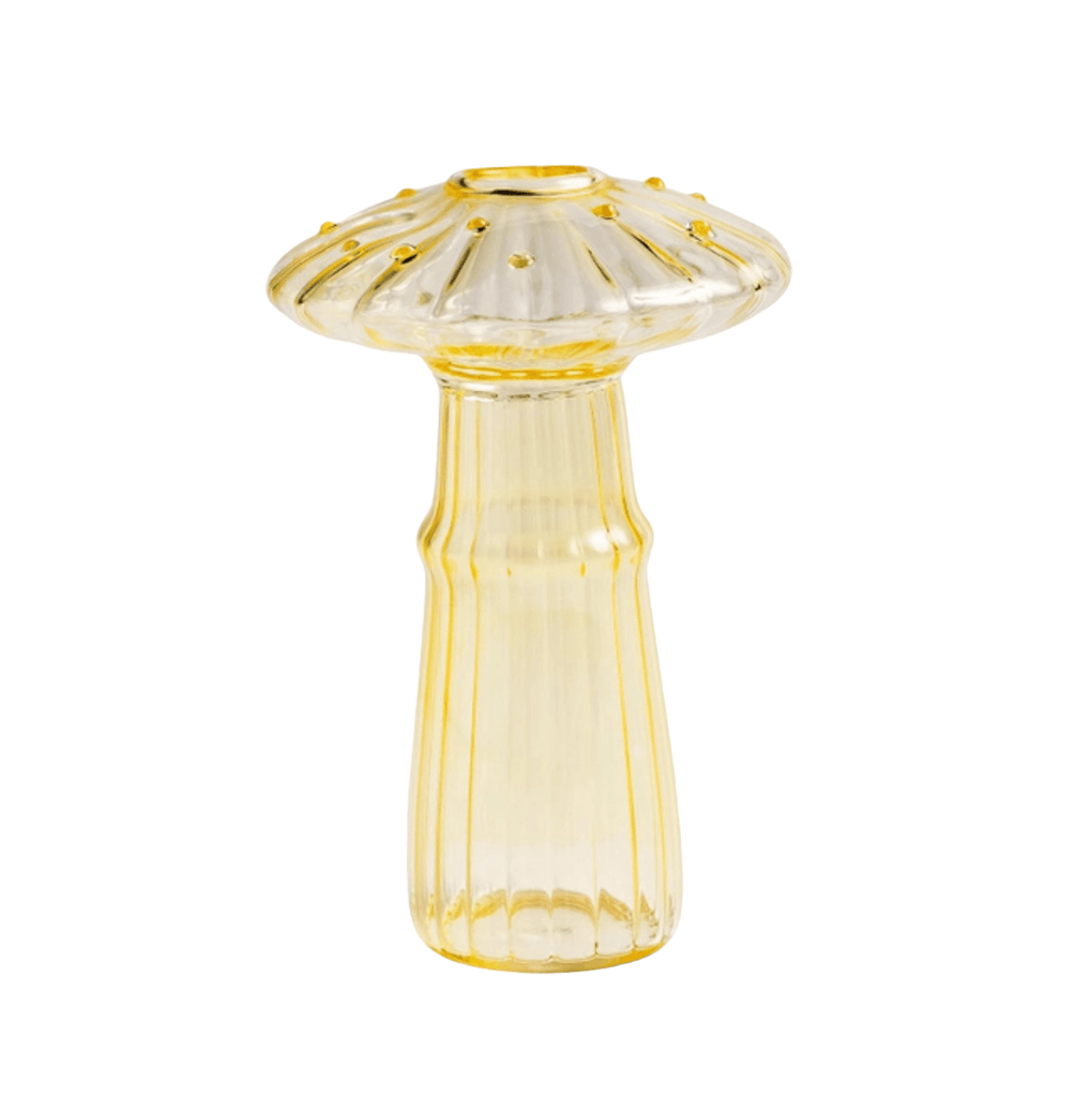 Sunny yellow Mushroom Bud Vase made from durable borosilicate glass, perfect for displaying blooms.