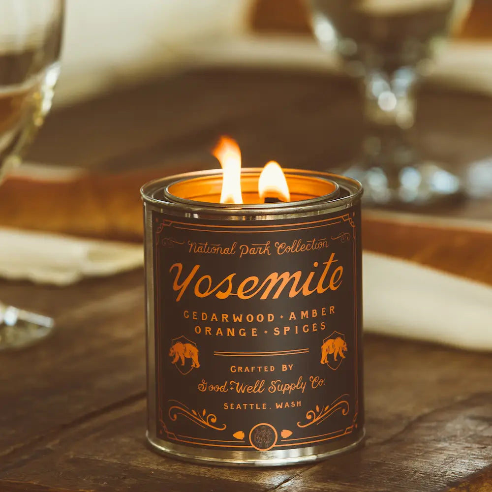 Yosemite Soy Candle in sustainable packaging, releasing a fresh, natural scent evocative of the iconic national park.
