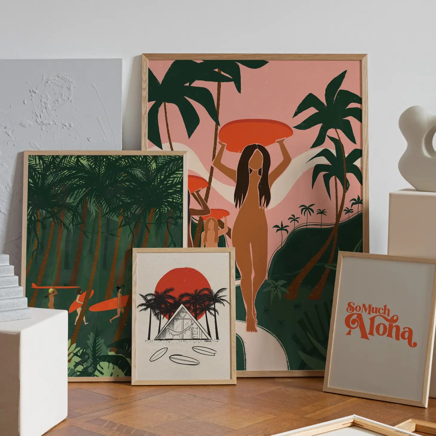 Artistic representation of a woman surfer amidst a lush tropical jungle, embodying the essence of wild adventure and camaraderie.
