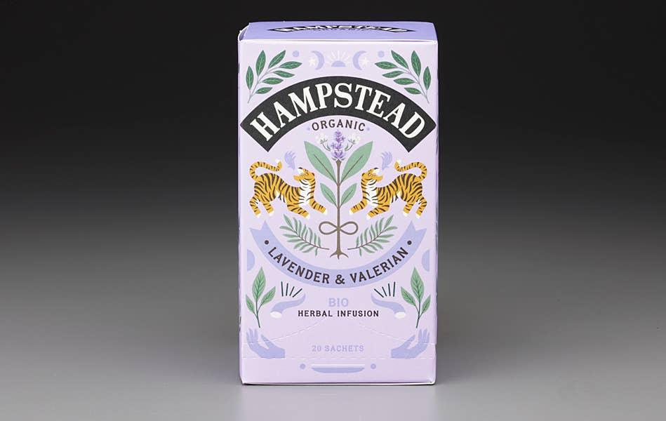 Hampstead Organic Lavender & Valerian tea, a harmonious blend of aromatic Lavender, Lemongrass, and calming Valerian Root.
