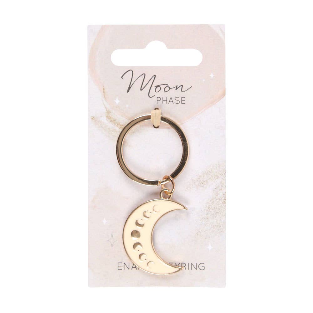 Moon phase crescent enamel keyring with gold-tone details.
