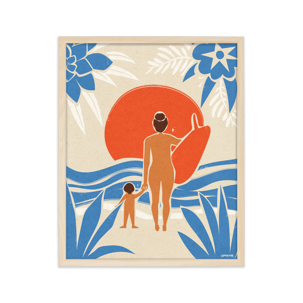 Art print showcasing a surfer mom and child, symbolizing their deep bond and shared passion for the waves.