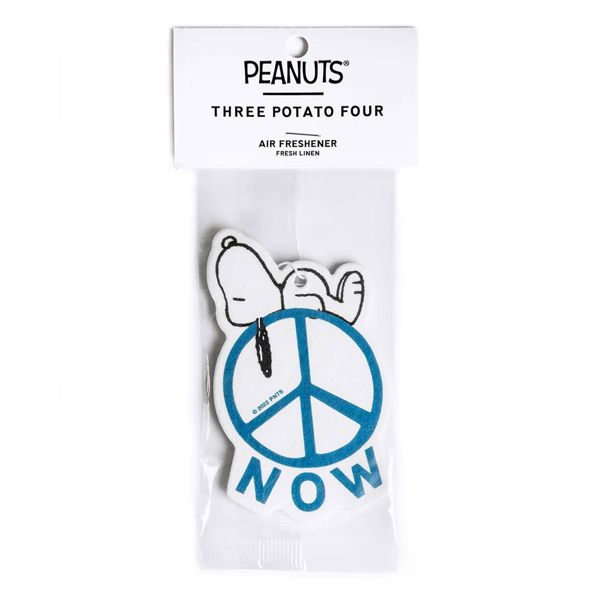 Peanuts® Snoopy Peace Now Air Freshener with fresh linen scent, featuring Snoopy resting on a peace sign.