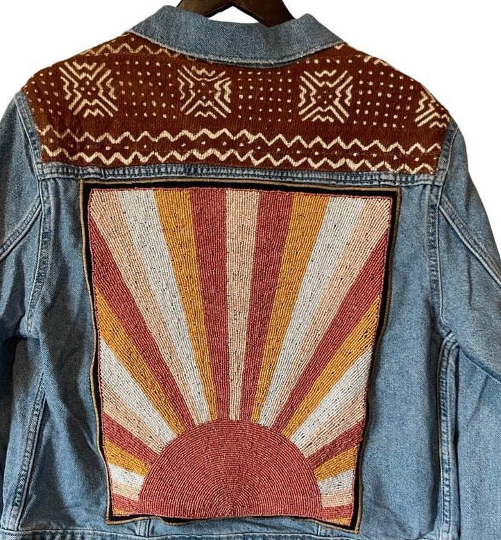 Hand Beaded Sunset Levi's Jacket - Meticulously handcrafted with a breathtaking sunset beadwork. Elevate your style with this unique and artistic Levi's jacket.