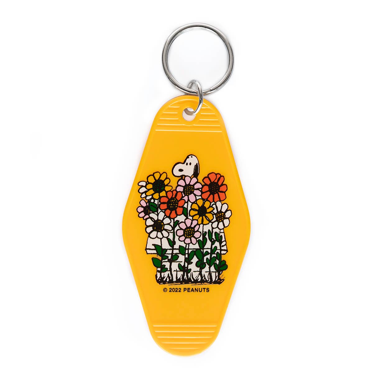 Peanuts® Snoopy Daisy Garden Key Tag featuring Snoopy surrounded by colorful daisies on a vibrant yellow background.