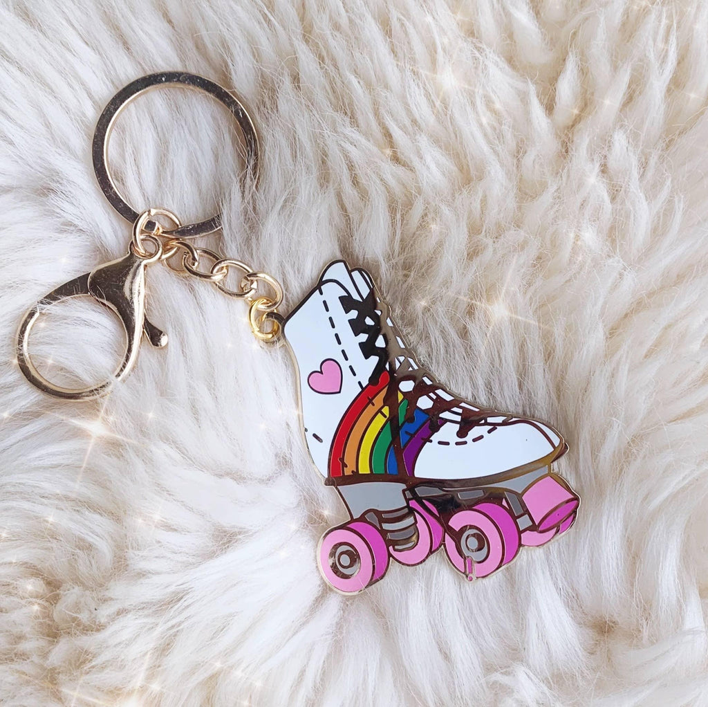Roller Skate Enamel Keychain - Rainbow - Funky accessory with a detailed enamel roller skate design in vibrant rainbow colors.