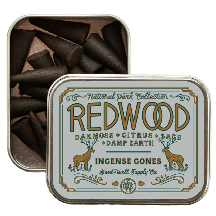 Redwood Incense sticks set against the towering redwoods of California, symbolizing the product's earthy, tranquil fragrance.