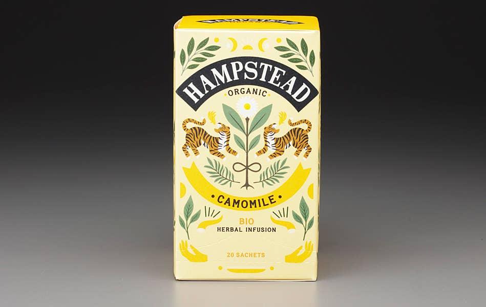 Hampstead Organic Camomile tea, featuring radiant golden Camomile flowers renowned for their calming properties.
