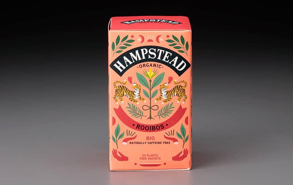 Hampstead Organic Rooibos tea, mirroring the flavors of an English Breakfast blend, naturally caffeine-free and organic.