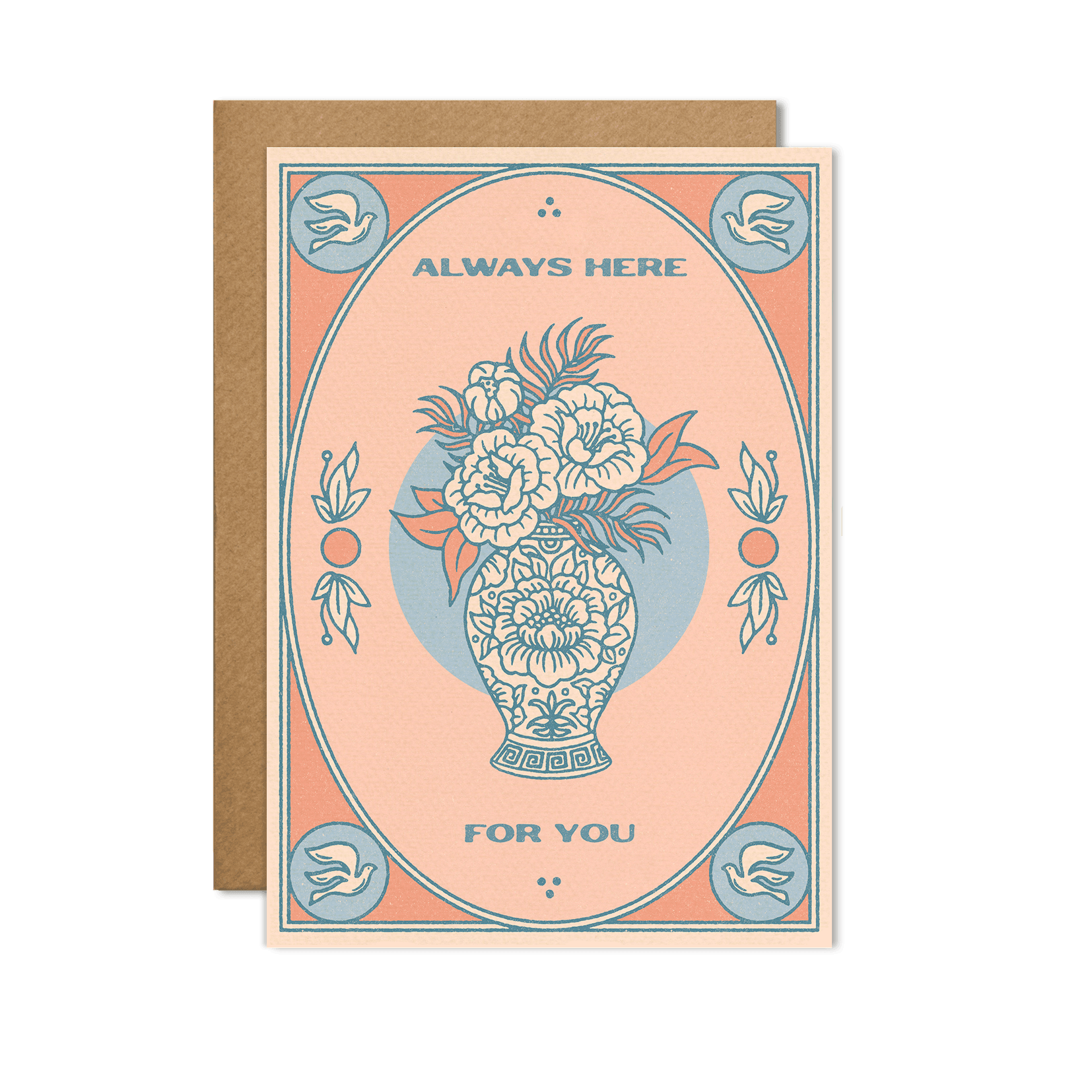 Always Here For You" Card featuring an elegantly designed front cover with soothing colors, placed against a calming background.