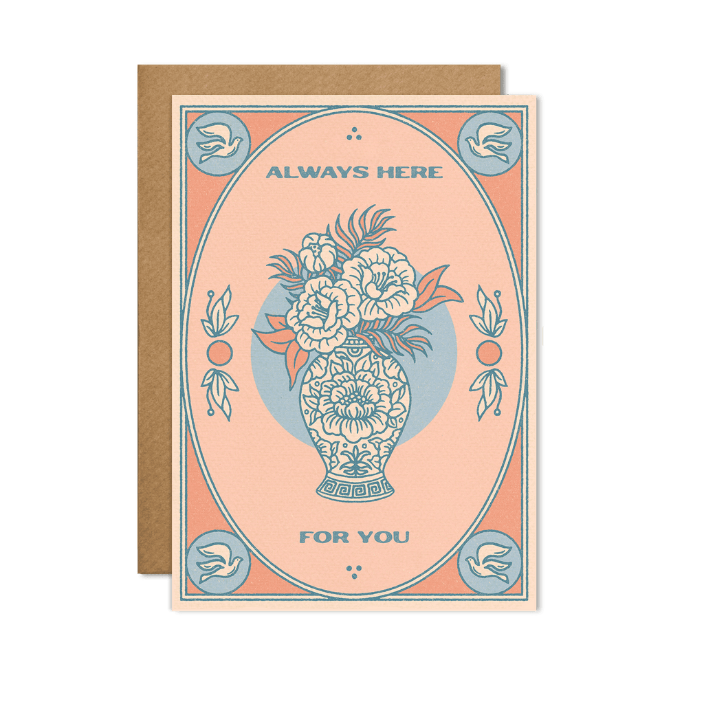 Always Here For You" Card featuring an elegantly designed front cover with soothing colors, placed against a calming background.