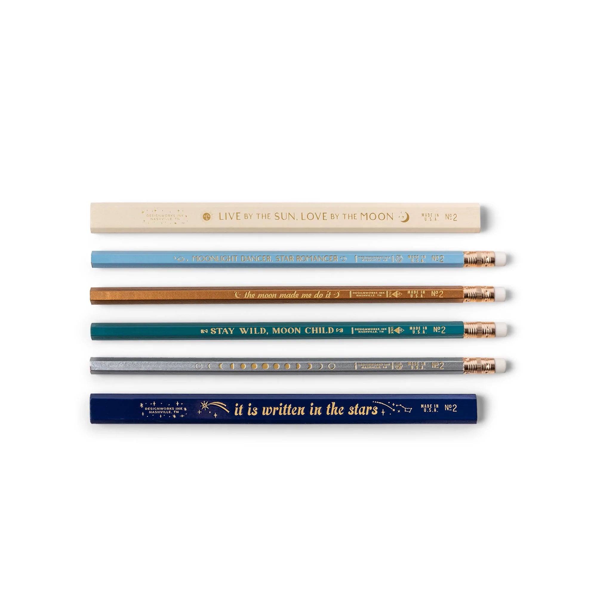 Image displaying the 'Celestial Heavens Pencil Set', 6 pencils with unique, vibrant cosmic designs.