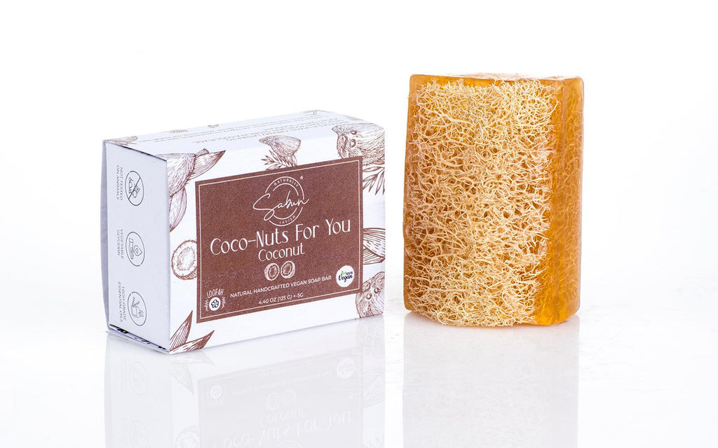Coco-Nuts For You Loofah Soap, an exfoliating soap bar with a tropical coconut aroma.