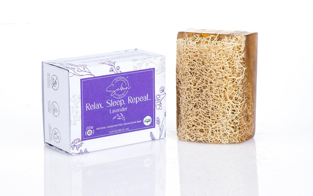 Relax Sleep Repeat Lavender Loofah Soap, combining soothing lavender aroma and exfoliation in one soap bar.