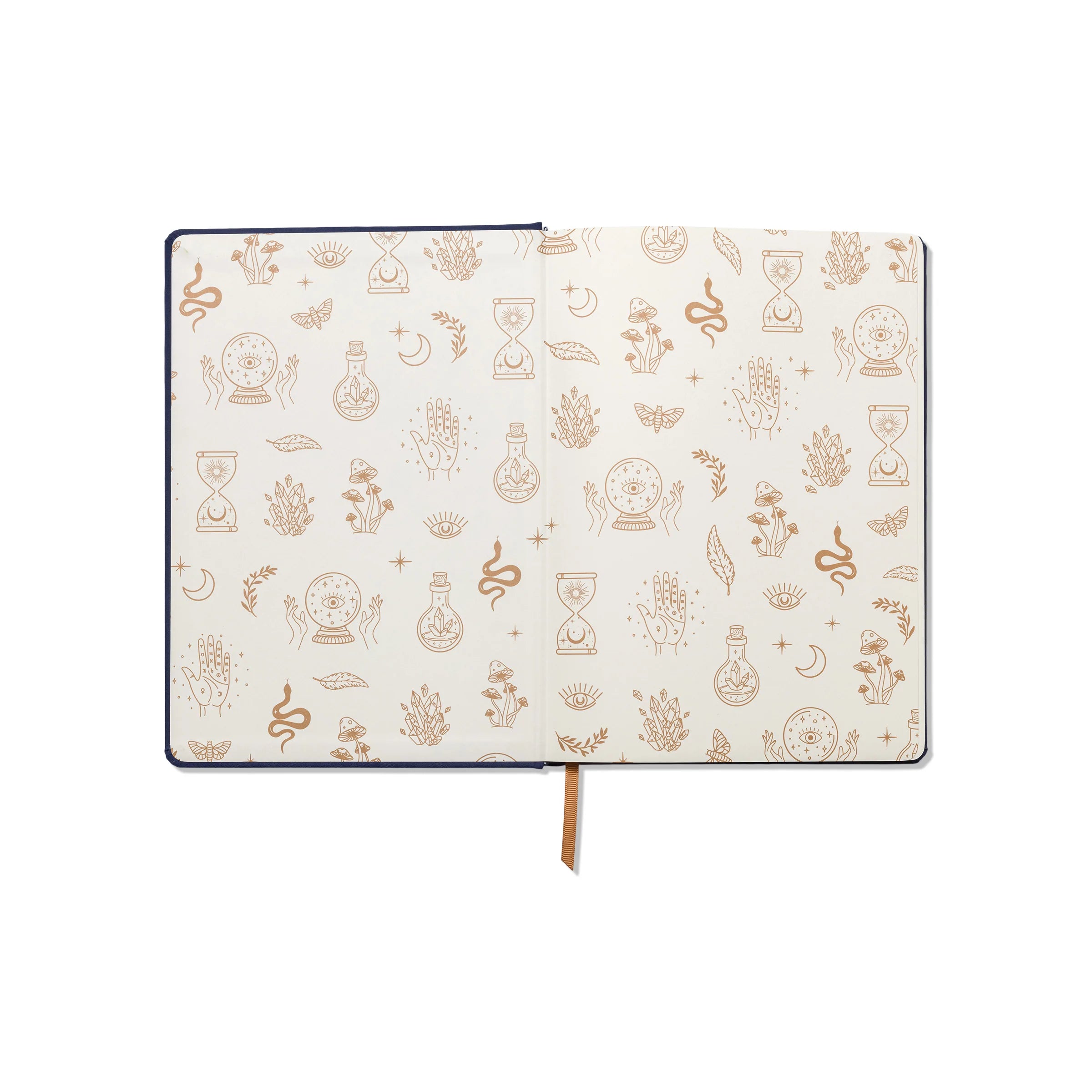 Image showcasing the 'Mystic Icons Cloth Covered Journal', featuring an enchanting cover adorned with mystical symbols.