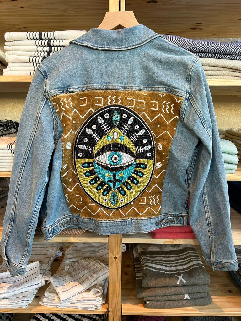 Hand Beaded Evil Eye Levi's Jacket - Intricately adorned with evil eye beadwork. Elevate your style with this unique and protective Levi's jacket.