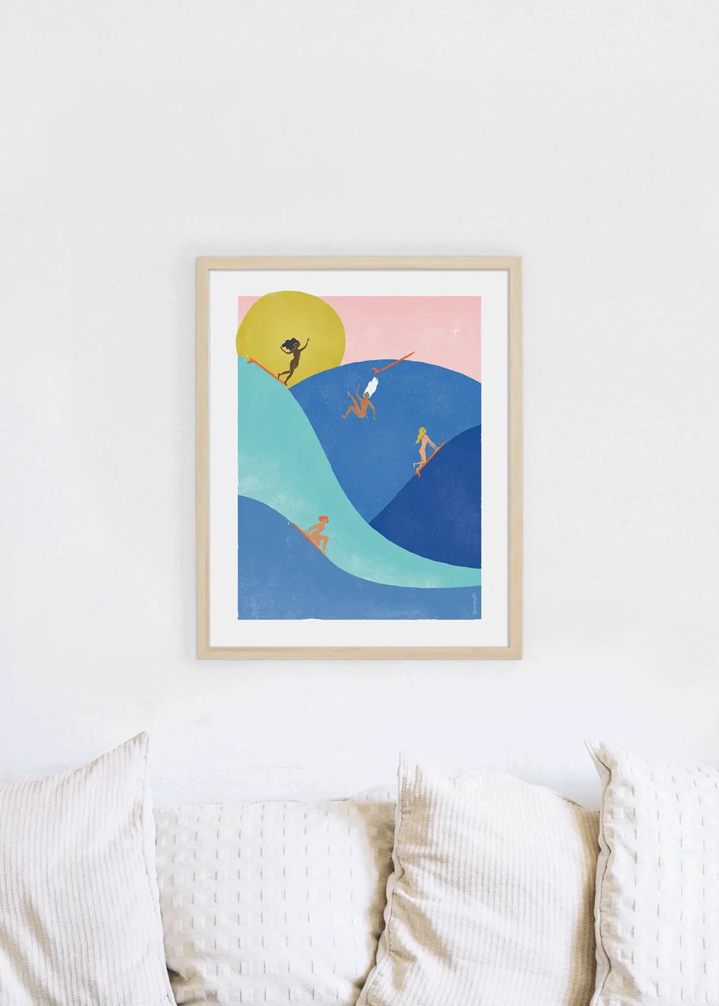 Vibrant print of women surfers enjoying the waves, embodying the spirit of fun and freedom.