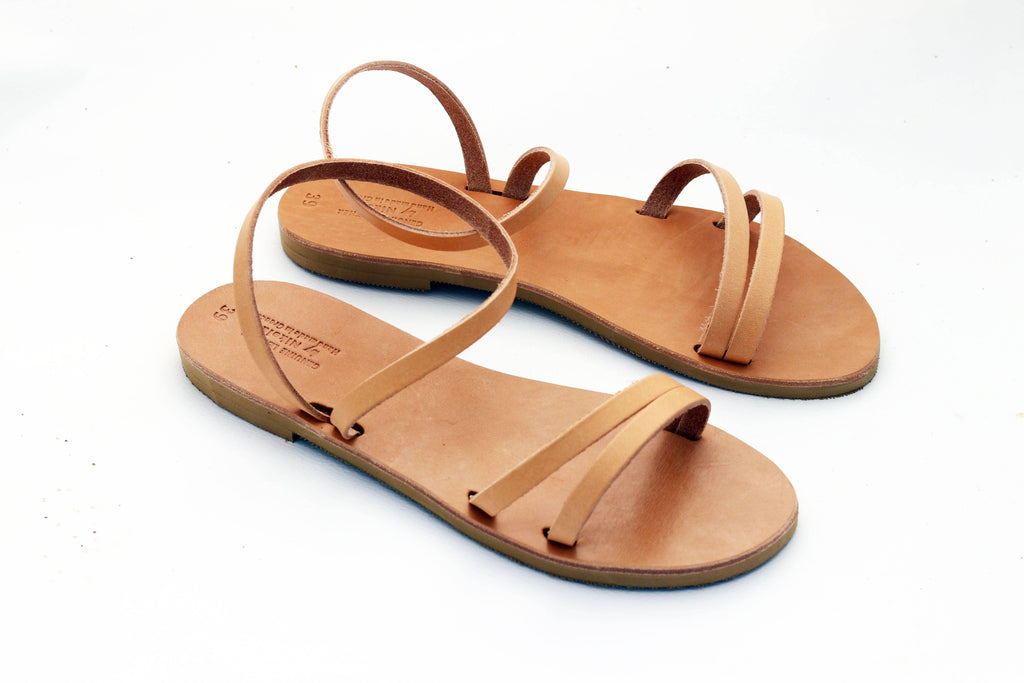 Forma Artisan Series Ankle Wrap Greek Sandals in Natural Tan - Handcrafted sandals with a stylish ankle wrap design.