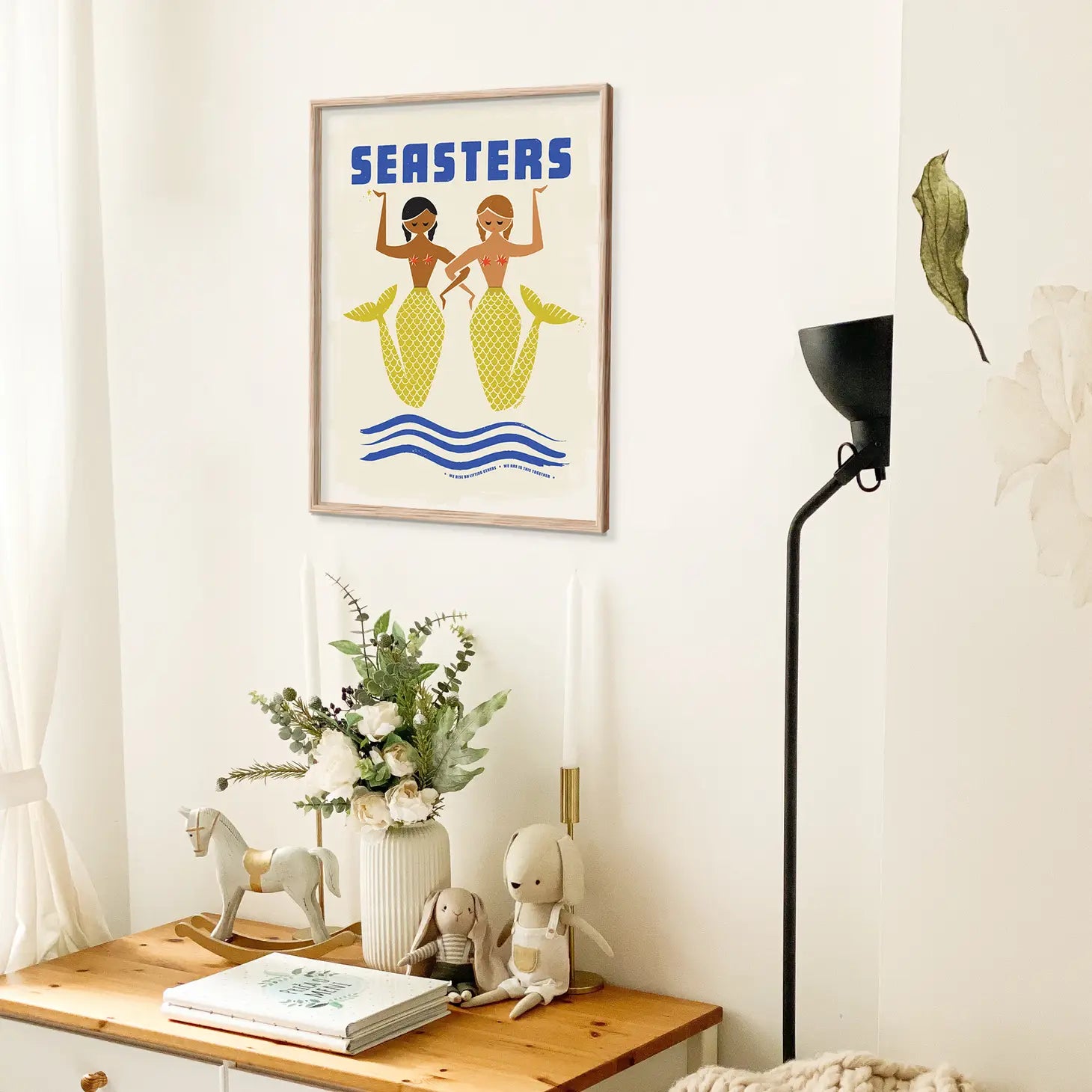 Artistic portrayal of sisters sharing moments by the sea, representing the deep bond of family and the tranquility of ocean waves.