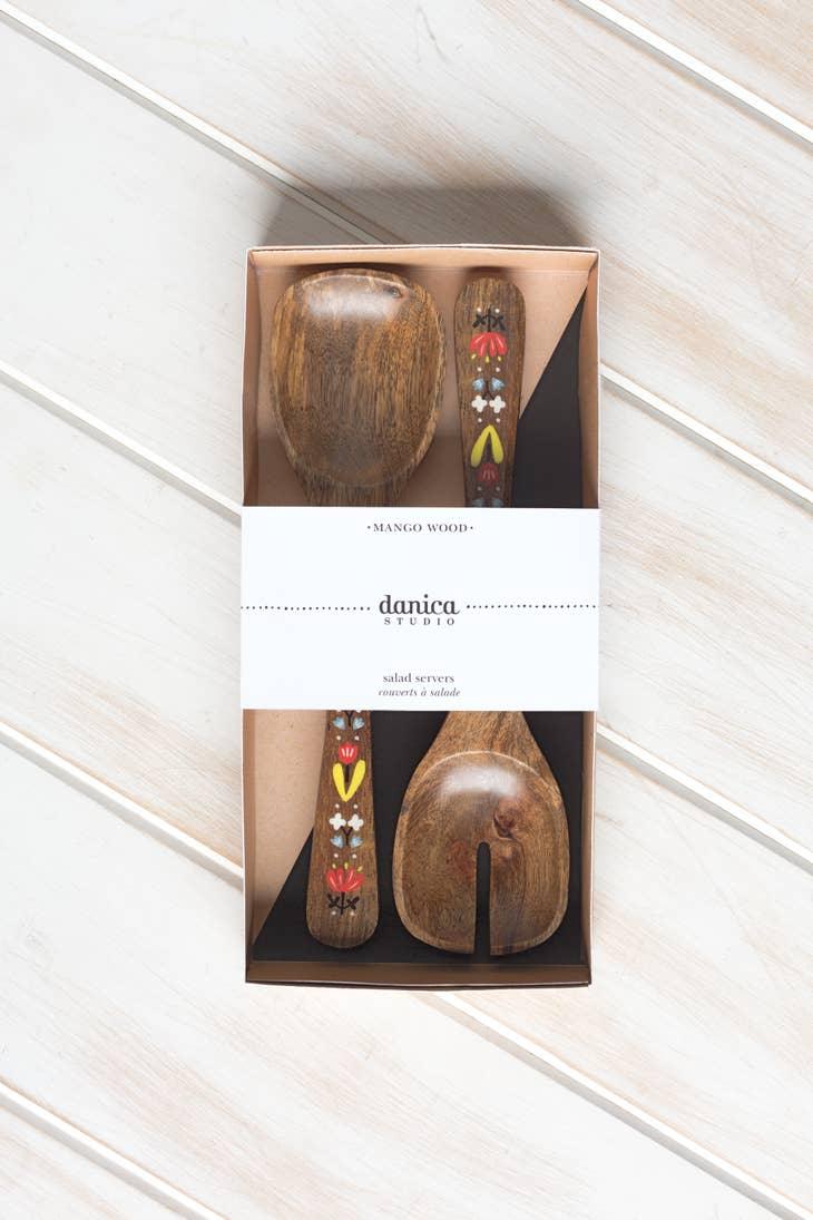 Frida Mango Wood Servers Set - Scandinavian-inspired floral design on sustainable mango wood servers.
