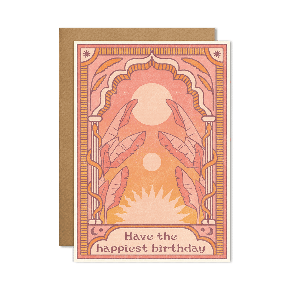 "Have The Happiest Birthday" Card featuring a vibrant, festive design on a bright background, displayed against a party-themed backdrop.