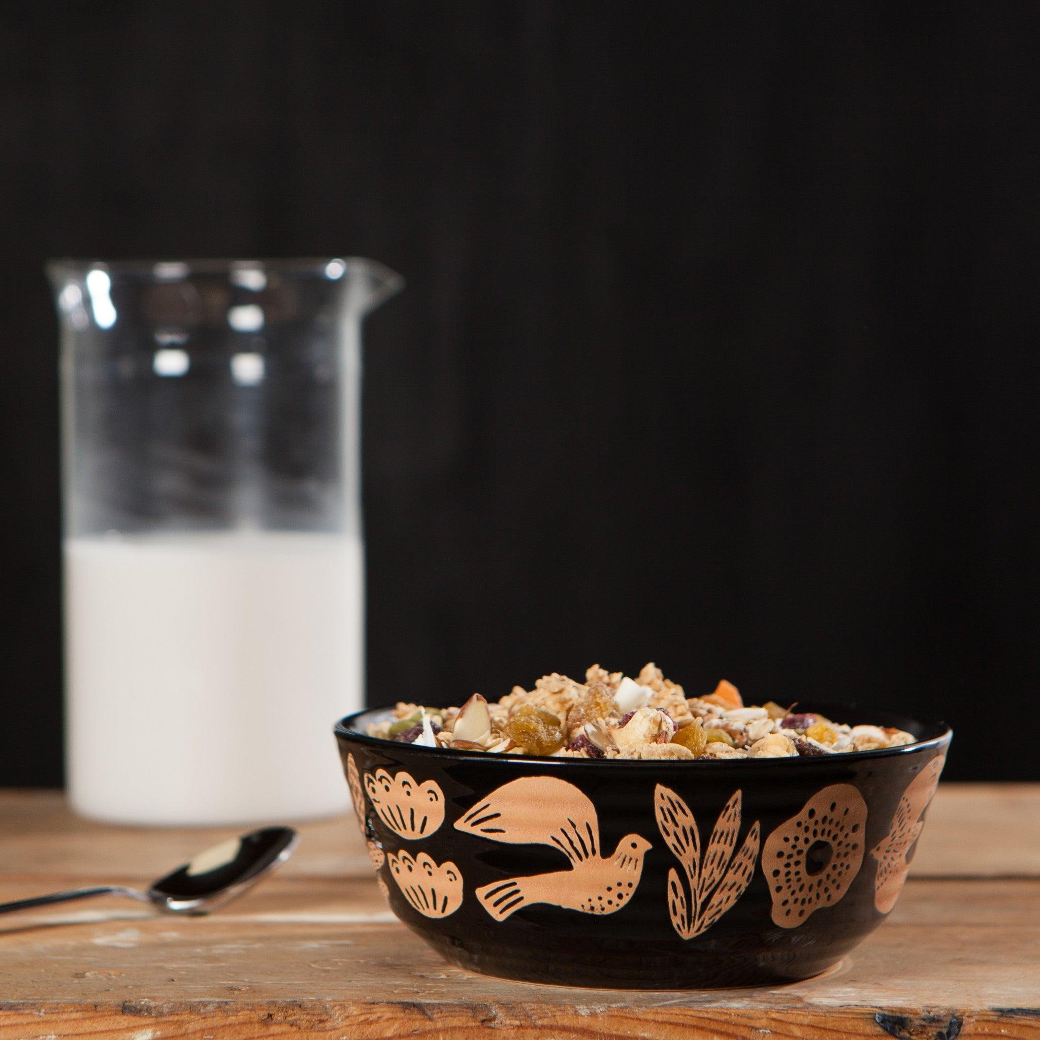 Myth Stoneware Bowl - Scandi-inspired 6-inch bowl with ancient symbol imprints and horizontal ridged detail.