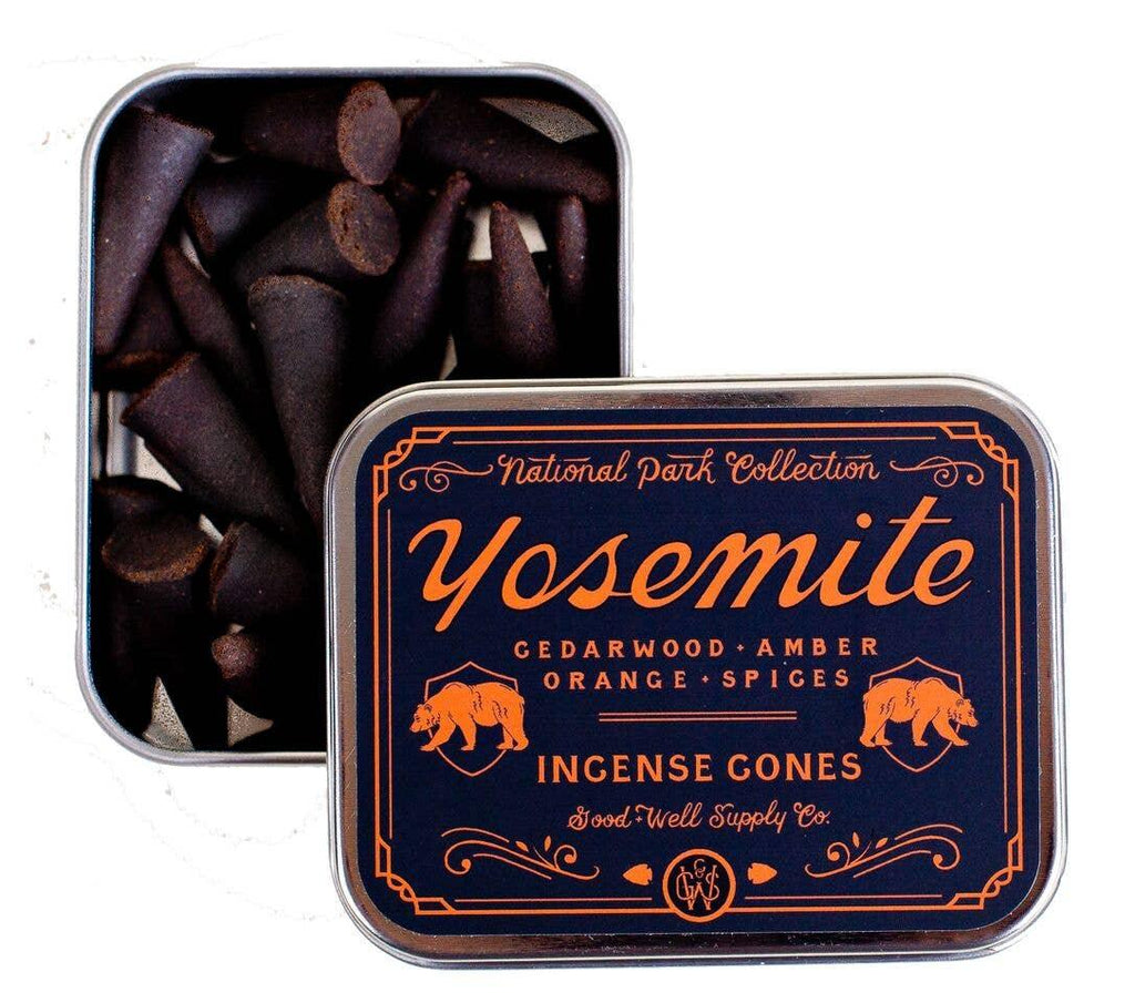 Yosemite Incense sticks set against a backdrop of dramatic cliffs and misty waterfalls, embodying the product's energetic and mysterious aroma.