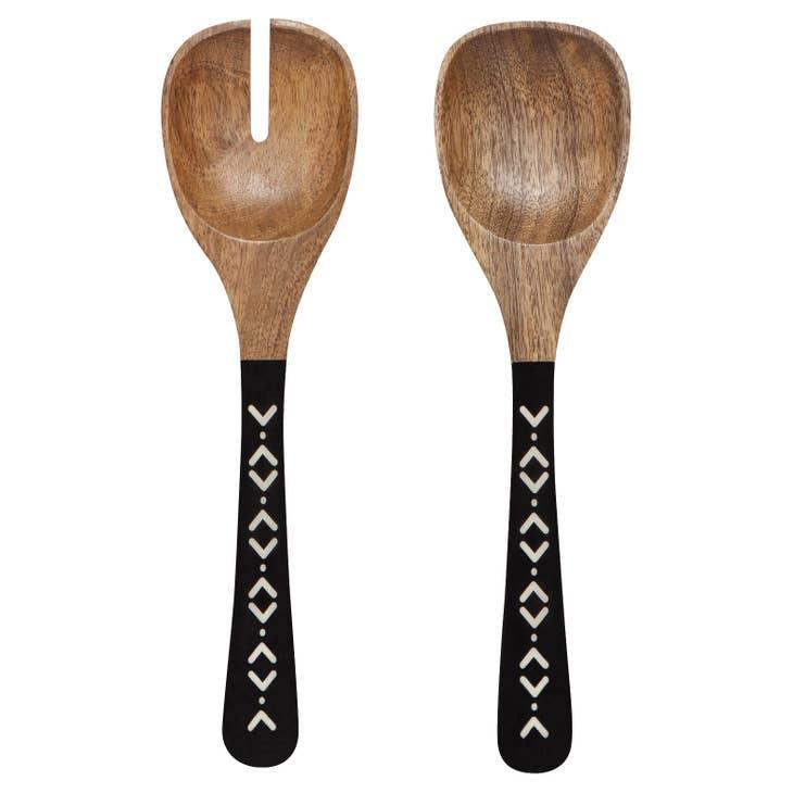 Ziggy Mango Wood Serving Utensil - Elegant serving utensils with white abstract design and mango wood handles, ideal for meal presentations.
