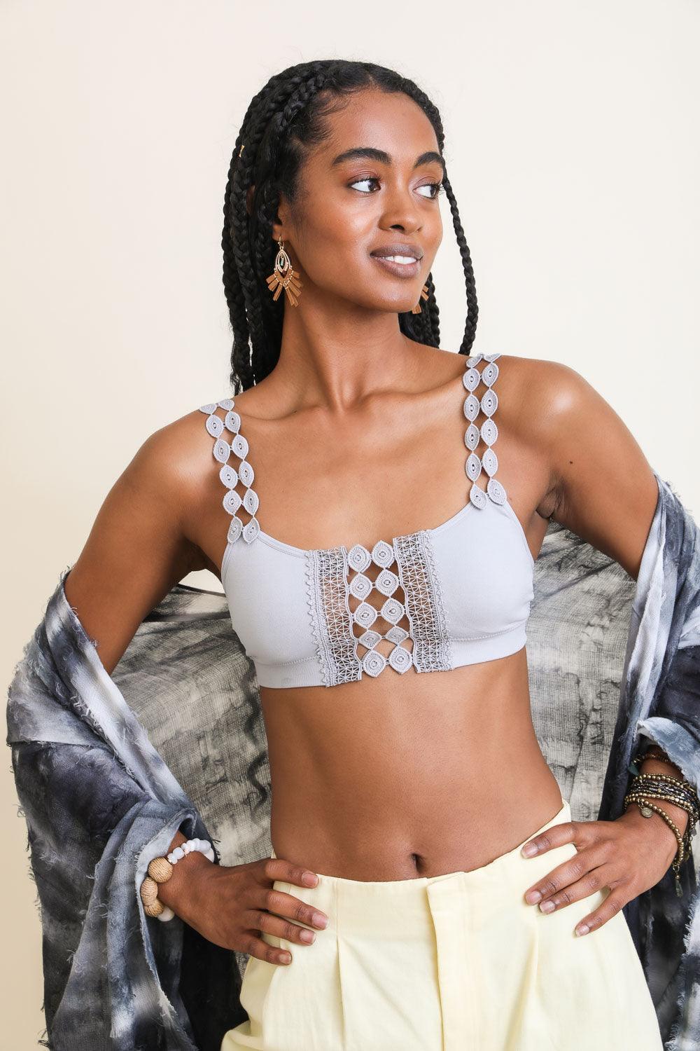 Forma's Boho Eye Lace Applique Bralette, featuring intricate lace detailing, exuding bohemian charm.