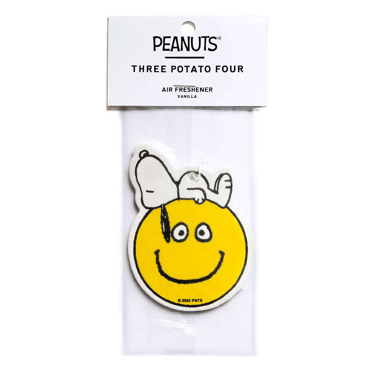 Peanuts® Snoopy Smiley Air Freshener with a vanilla scent, featuring Snoopy on a cheerful smiley face.
