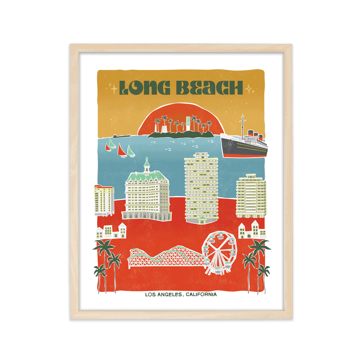Artistic depiction of Long Beach's scenic boardwalk, harbor, and city skyline, encapsulating its coastal allure.