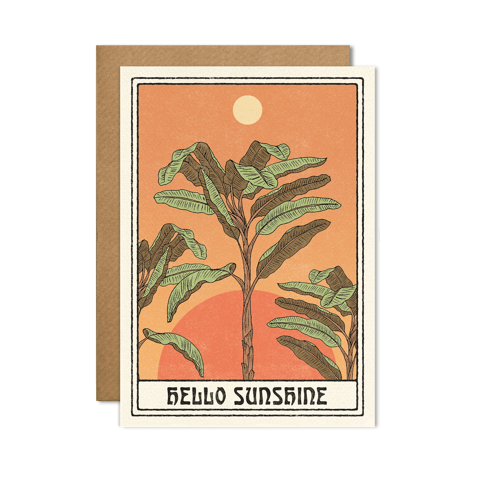 "Hello Sunshine" Card showcasing a sunny, vibrant design on a pastel yellow background, placed on a light wooden surface.