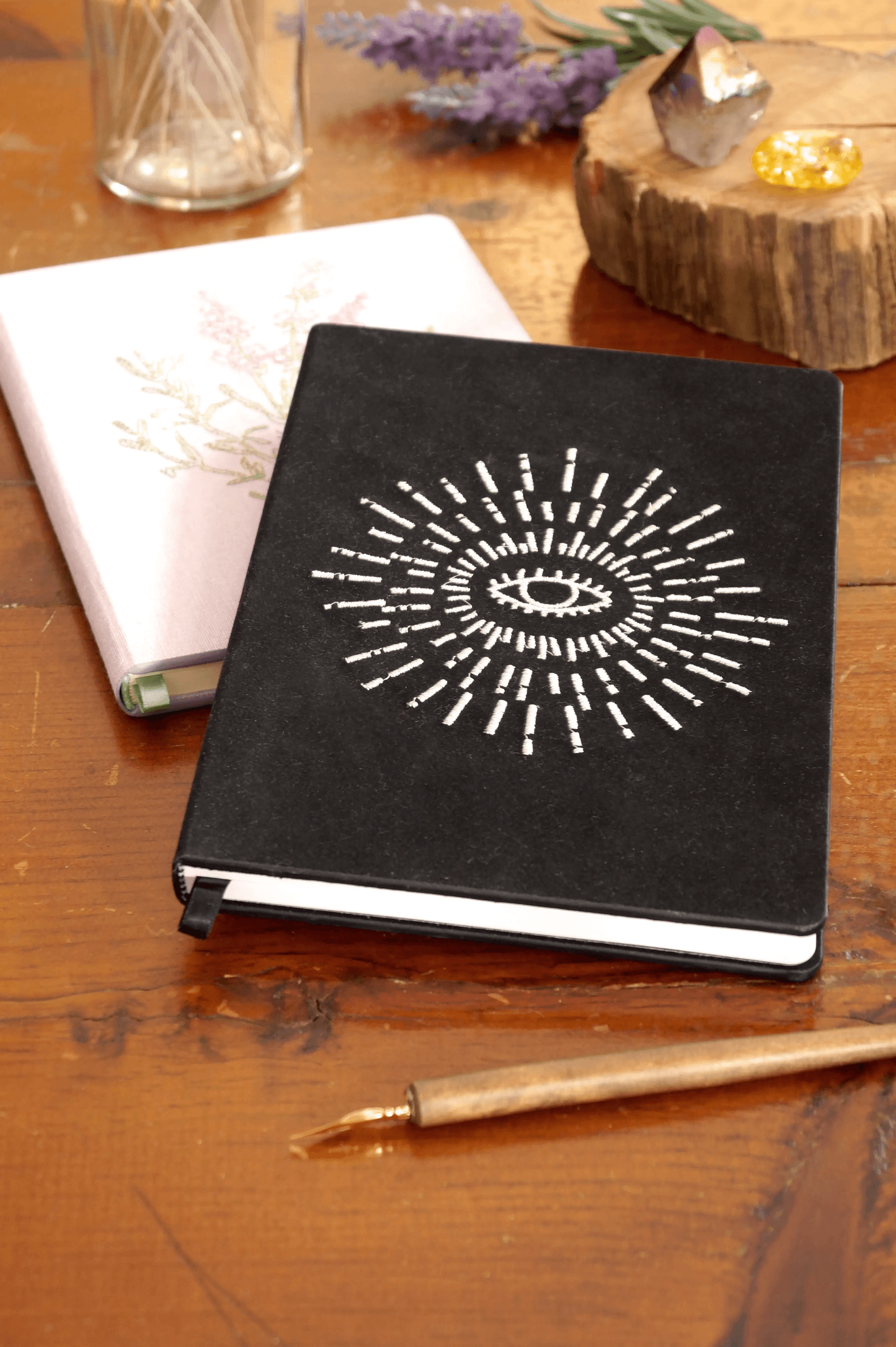 Awakening Embroidered Journal - A beautifully crafted journal with intricate embroidery on the cover, perfect for capturing creativity.