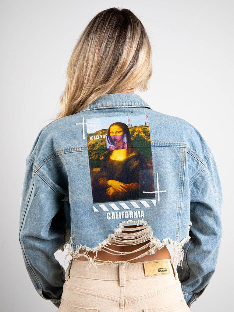 Mona Lisa Hollywood Denim Jacket - A masterpiece-inspired denim jacket for a unique and artistic look.
