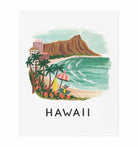 Framed Hawaii art print with an illustration of a tropical beach, palm trees, and Diamond Head in a vibrant, vintage style.