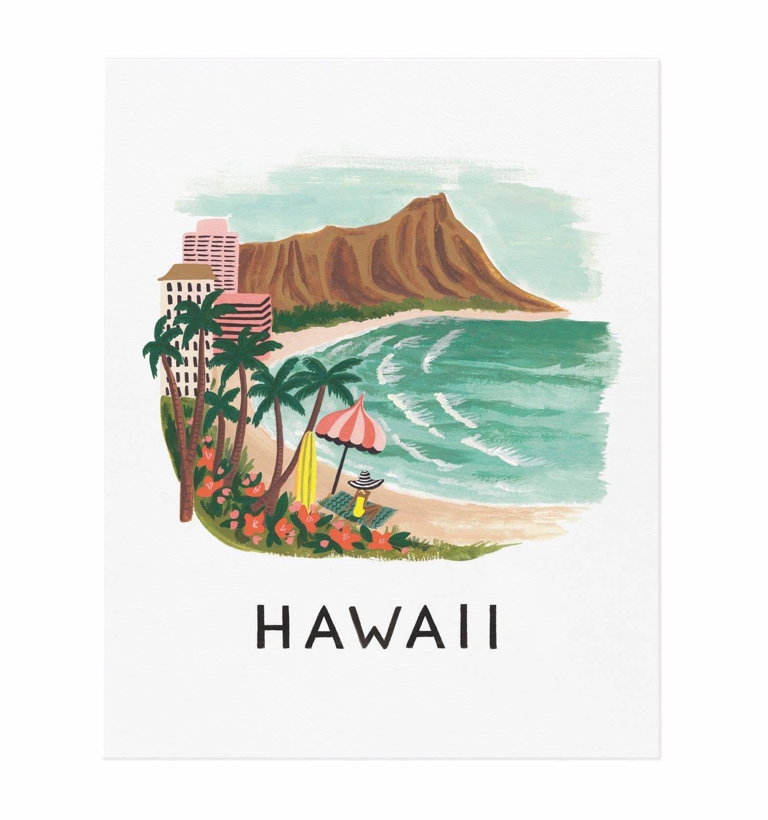 Framed Hawaii art print with an illustration of a tropical beach, palm trees, and Diamond Head in a vibrant, vintage style.