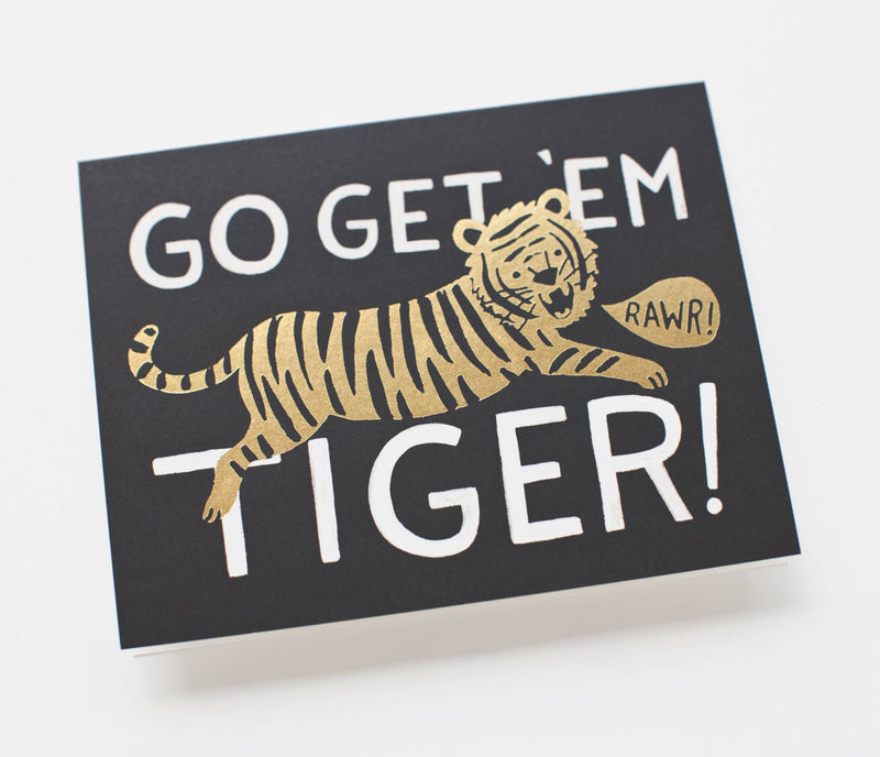 "Go Get 'Em Tiger" greeting card with a leaping illustrated tiger and bold typography, paired with a white envelope.