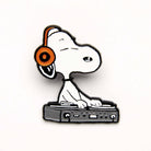 Snoopy DJ enamel pin with headphones and a turntable, ideal for music and Peanuts fans.