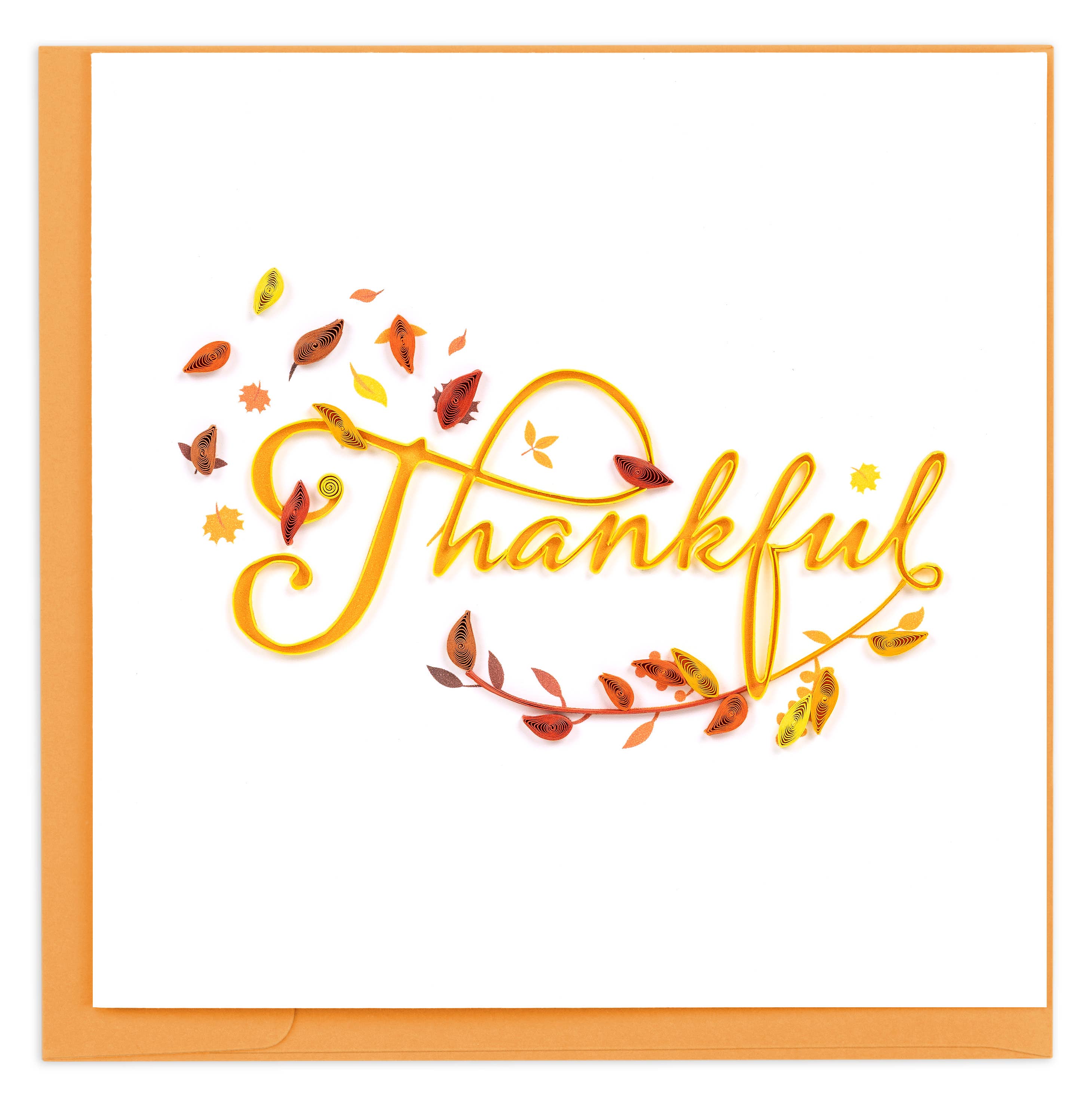 Card with 'Thankful' text surrounded by autumn leaves on a white background