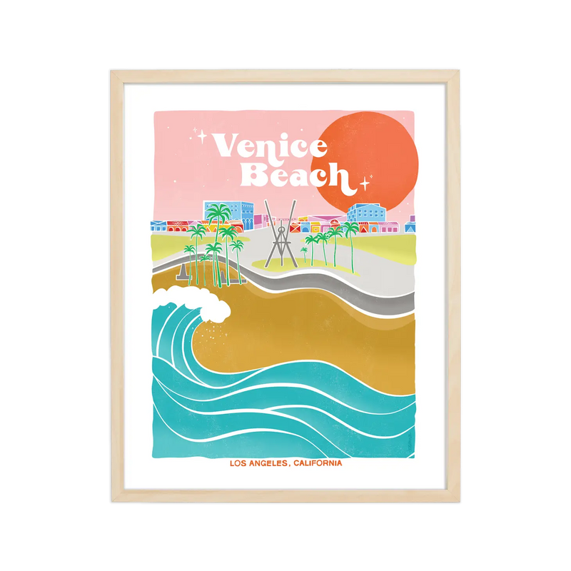 Artistic representation of Venice Beach's vibrant boardwalk and serene waves, capturing the essence of California's coastal gem.