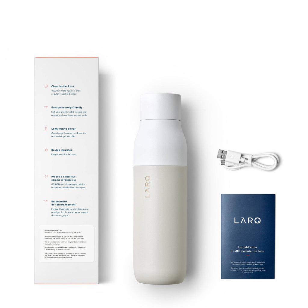 LARQ white water bottle with UV-C LED cap active, floating on a white background.