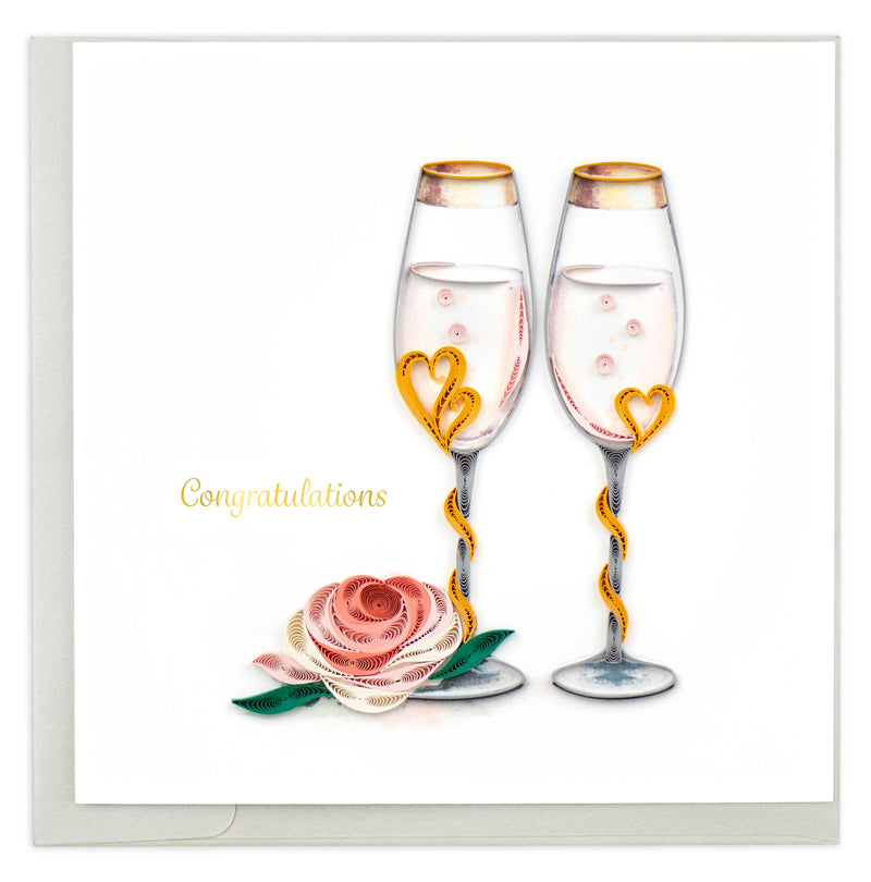 Two champagne glasses with heart designs and a rose on a white background, with 'Congratulations' text.