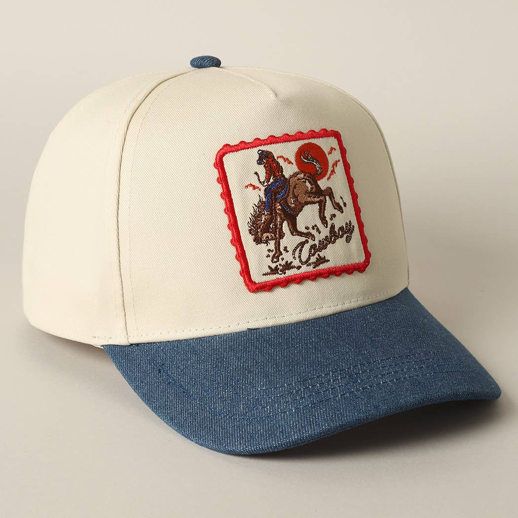 Cap with embroidered design on a beige background
