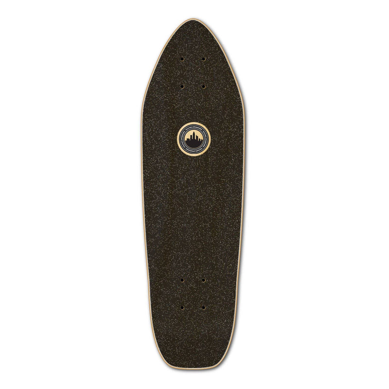 Wander Natural Mini Cruiser with a natural wood finish, compass graphic, and colorful wheels.