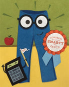 Cartoon blue pants with glasses, a calculator, and an apple on a green and yellow background.