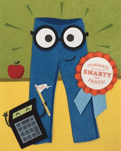 Cartoon blue pants with glasses, a calculator, and an apple on a green and yellow background.
