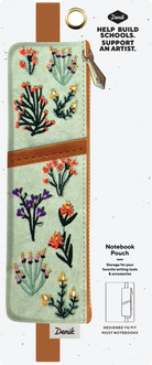 Petite Blooms embroidered pouch with floral designs on soft faux suede and an elastic band to fit most notebooks.