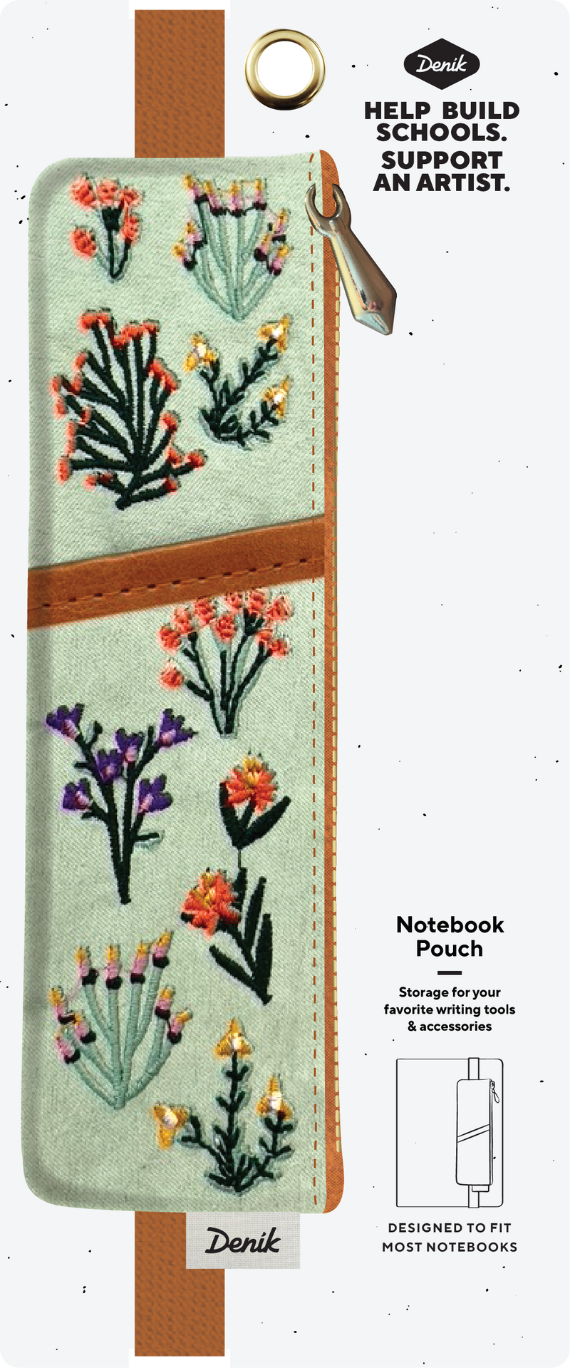 Petite Blooms embroidered pouch with floral designs on soft faux suede and an elastic band to fit most notebooks.