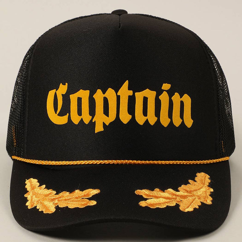 Black cap with 'Captain' in yellow text and gold accents on a light gray background