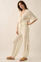 Pointelle Crochet-Knit Side-Tie Pants